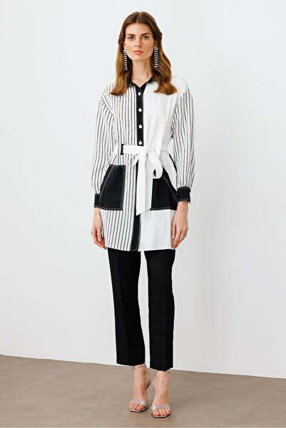 Moda İlgi Modailgi Yakası Aksesuarlı Belden Kuşaklı Torba Cepli Çizgili Tunik...