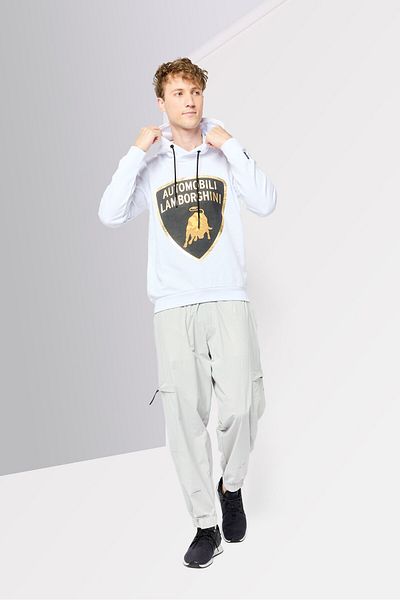 Lamborghini Men Brand Logo Long Sleeve Hoodie, White