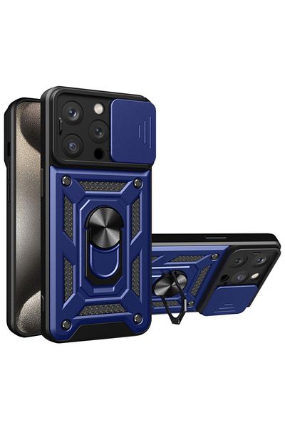SKYDDAR INNOVATION Carcasă pentru iPhone 15 Pro, Camshield, inel magnetic, albastru, set de autocolante
