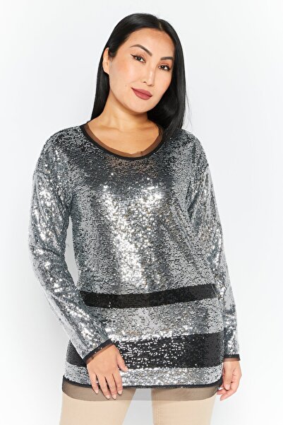Patrizia Pepe Women Round Neck Long Sleeves Sequins Textured Blouse, Silver