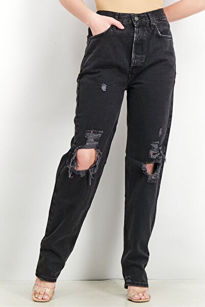 Free People Women High Waisted Straight Rip Jeans, Black