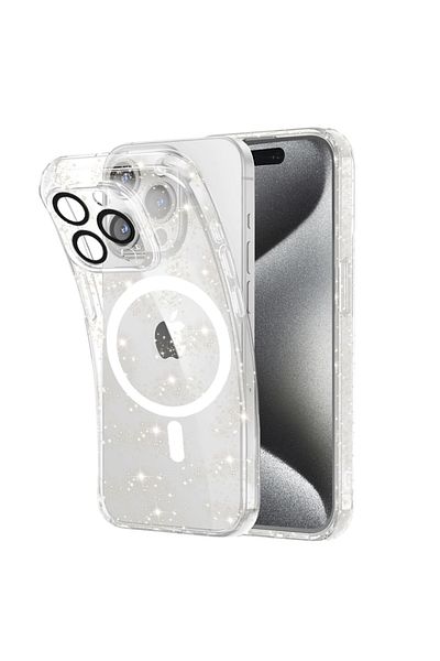 SKYDDAR INNOVATION Carcasă pentru iPhone 15 Pro, SparkleSkin Magsafe, silicon TPU cu sclipici, transparentă, set de autocolante