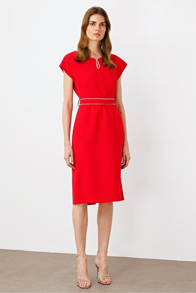 Moda İlgi Modailgi Yakası Şerit Taş Detaylı Elbise Kırmızı