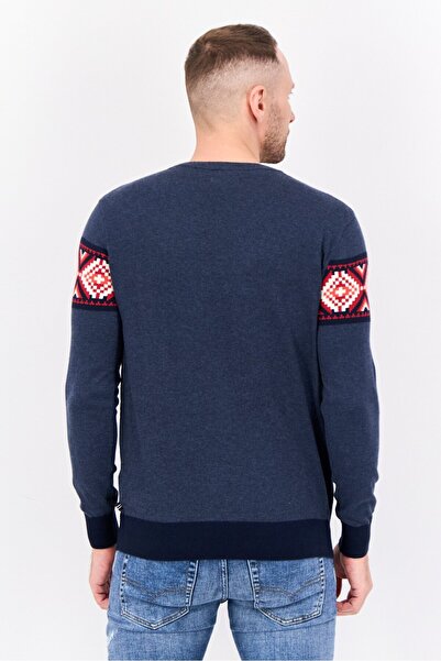 Nautica Men Crew Neck Long Sleeve Knitted Sweater, Dark Grey/Red