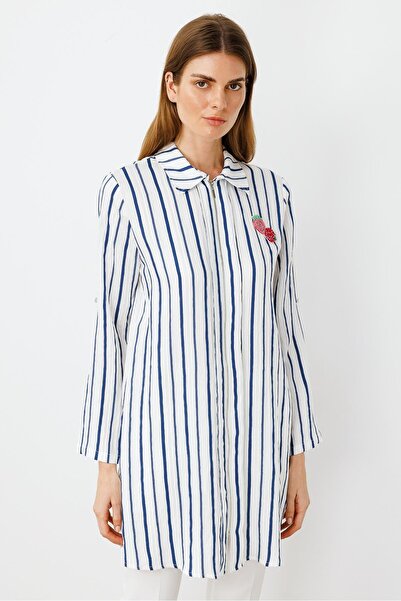 Moda İlgi Modailgi Aksesuar Detaylı Fermuar Kapamalı Çizgili Tunik Lacivert