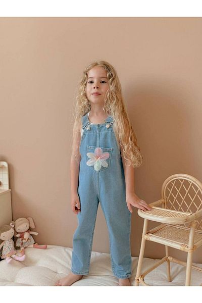 Jolly Kids Blugi de fetiță albastru cu buzunare cu detalii florale
