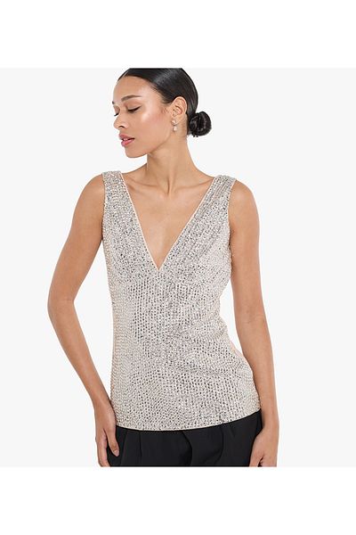 BCBG بلوزة نسائية منسوجة باللون العاري