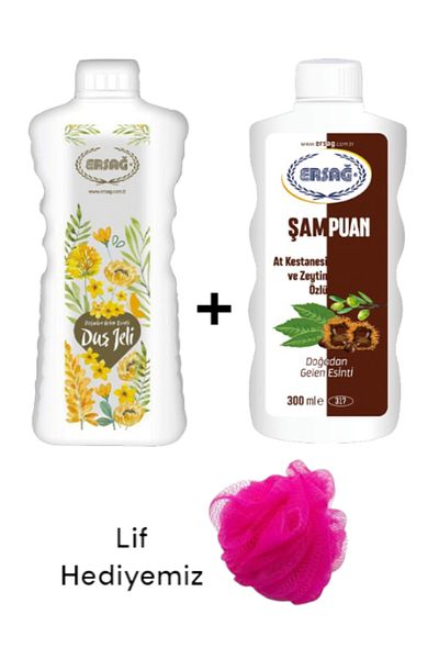Ersağ Horse Chestnut and Olive Extract Shampoo 30 ml - Fragrant Shower Gel 1000ml (with Fiber Gift) 317-44