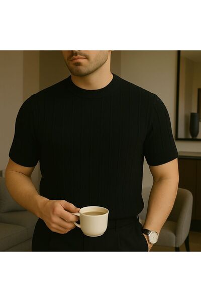 LC Waikiki Bisiklet Yaka Çizgi Detaylı Alttan Lastikli Yazlık Erkek Triko Tişört