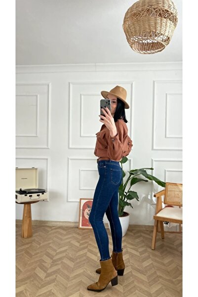 EvaGlams Kadın Koyu Mavi Dar paça Yüksek Bel Denim Likralı Kot Pantolon Süper Skinny