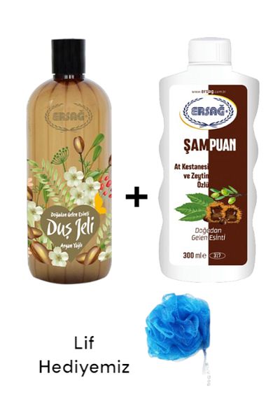 Ersağ Horse Chestnut and Olive Extract Shampoo 300ml+ Argan Oil Shower Gel 500ml - (with Fiber Gift) 317-28