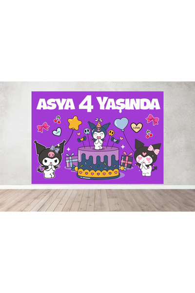 Home Kişiye Özel Isimli Kuromi Temalı Doğum Günü Afişi Duvar Pankart 130X90 cm