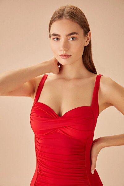 CUPSEA Women's Gathering Draped Red Swimsuit Orange Leaf Star Pareo Set of 2 Stylish and Slimming Effect