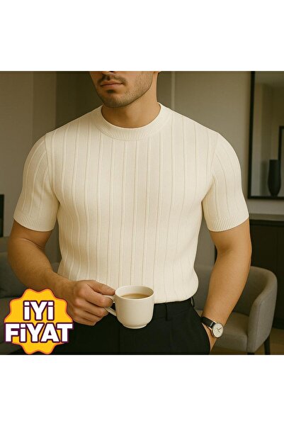 LC Waikiki Bisiklet Yaka Çizgi Detaylı Alttan Lastikli Yazlık Erkek Triko Tişört