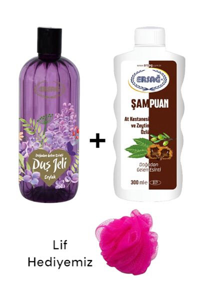 Ersağ Horse Chestnut and Olive Extract Shampoo 300ml - Lilac Scented Shower Gel 500ml (with Fiber Gift) 317-54