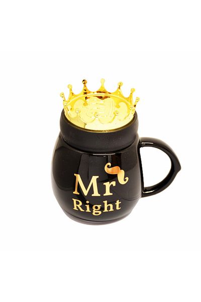 PUFO Cană ceramică Mr Right cu capac, pentru cafea sau ceai, 500 ml, neagră