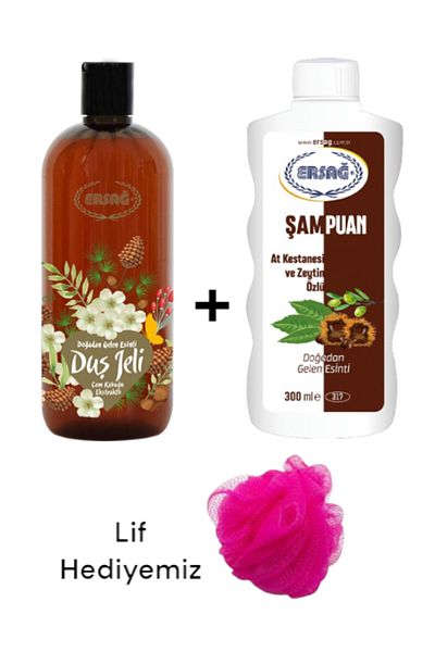 Ersağ Horse Chestnut and Olive Extract Shampoo 300 Ml+Pine Bark Extract. Shower Gel 500ml-(with Fiber Gift)317-34