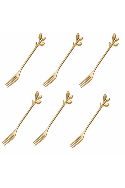 PUFO Set Of 6 Leaf Dessert Forks, Fruit, Steel, Leaf-shaped Handle, Gold, 13 Cm