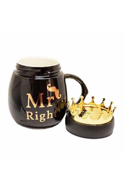 PUFO Cană ceramică Mr Right cu capac, pentru cafea sau ceai, 500 ml, neagră