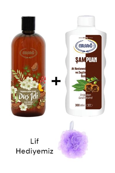 Ersağ Horse Chestnut and Olive Extract Shampoo 300 Ml+Pine Bark Extract. Shower Gel 500ml-(with Fiber Gift)317-39