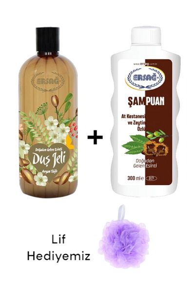 Ersağ Horse Chestnut and Olive Extract Shampoo 300ml+ Argan Oil Shower Gel 500ml - (with Fiber Gift) 317-26