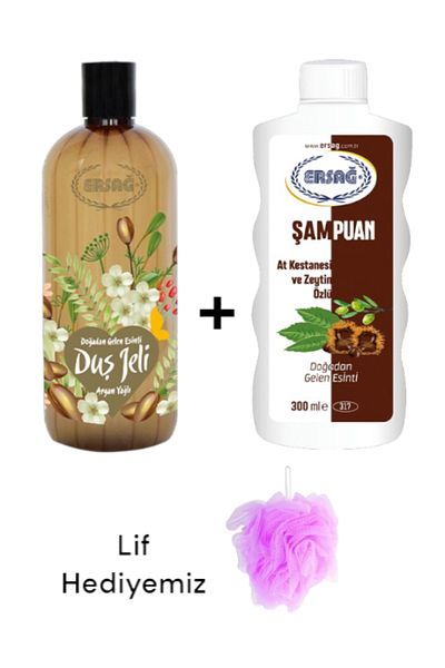 Ersağ Horse Chestnut and Olive Extract Shampoo 300ml+ Argan Oil Shower Gel 500ml - (with Fiber Gift) 317-30