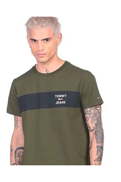 Tommy Jeans TOMMY HILFIGER men olive crew neck chest colour block t shirt