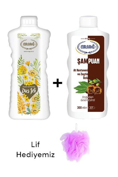 Ersağ Horse Chestnut and Olive Extract Shampoo 30 ml - Fragrant Shower Gel 1000ml (with Fiber Gift) 317-46
