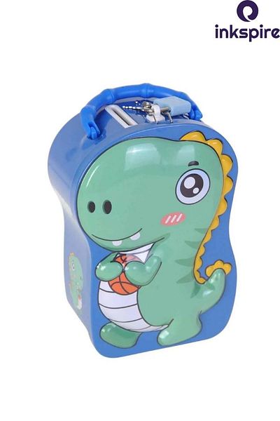 inkspire Metal Lock Piggy Bank 1 Piece Cute Green-Blue Dinosaur Figured Piggy Bank with Padlock 18X12X8 cm