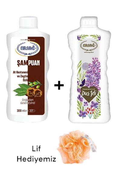Ersağ Horse Chestnut and Olive Extract Shampoo 300ml - Lilac Scented Shower Gel 1000ml (with Fiber Gift) 317-43