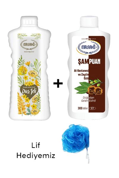 Ersağ Horse Chestnut and Olive Extract Shampoo 30 ml - Fragrant Shower Gel 1000ml (with Fiber Gift) 317-49