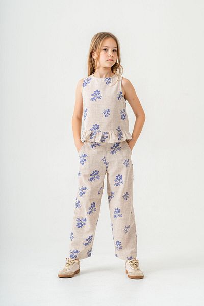 Magu Girl's Ecru Floral Patterned Poplin Linen Blouse and Pants Set