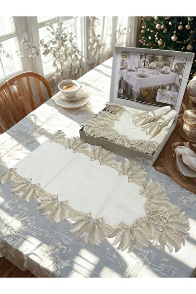 TekStilize French Lace Linen Cream Table Cloth 26 Pieces