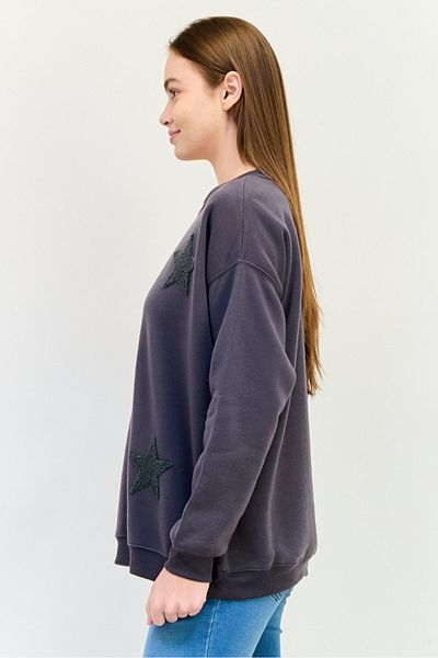 No Comment Women Crew Neck Long Sleeves Embroidered Sweatshirt, Dark Grey