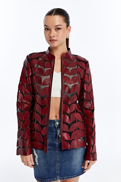 CE-YIL DERİ ÜRÜNLERİ KADIN YAPRAK DESEN HAKİKİ DERİ CEKET