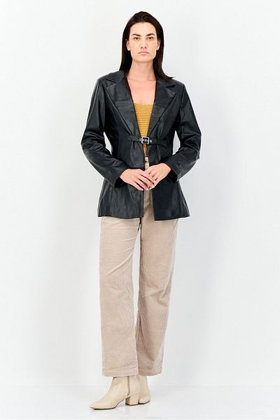 ASYOU Women Regular Fit Solid Semi-formal Faux Leather Blazer, Black