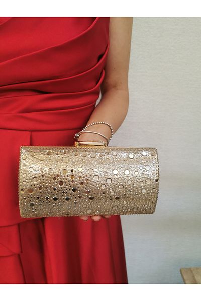 NAZART Women's Stone Gold Gold Evening Dress Clutch Chain Strap Hand Wedding Engagement Night Shoulder Bag