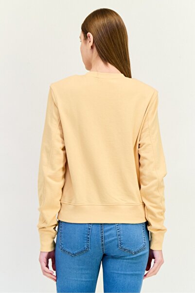 Monki Women Round Neck Long Sleeves Solid Padded Shoulders Sweatshirt, Peach