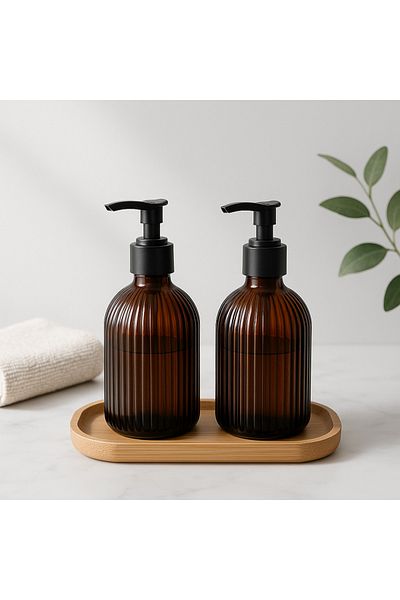 BRE HOME Amber Glass Liquid Soap Dispenser with Bamboo Stand 400 ml |   Origami Striped Dish & Soap Bottle with Black Pump