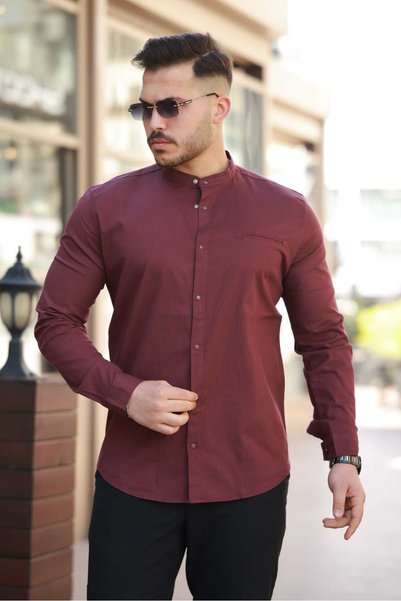 MODA Umre İçin Uygun Pamuk Kumaş Hakim Yaka Slim Fit Battal Gömlek