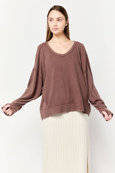 Offline by Aerie Women V Neck Long Sleeve Textured Sweatshirt, Brown
