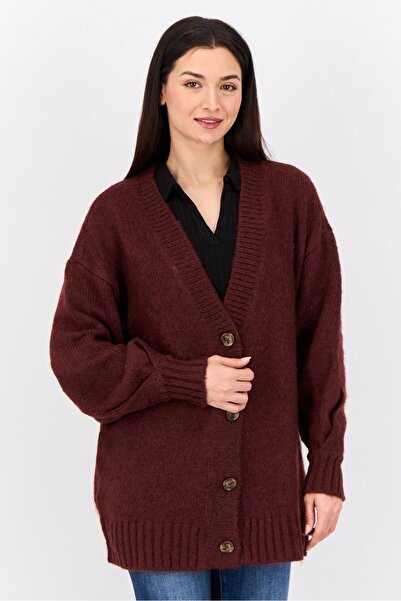 aerie كارديجان نسائي كروشيه بفتحة رقبة على شكل حرف V، لون عنابي