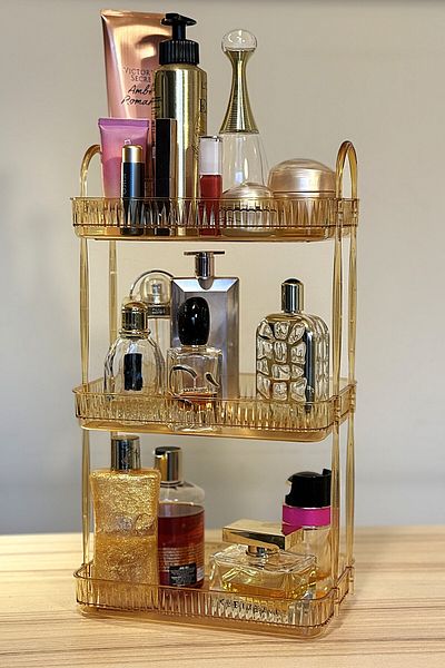 UNIQUE ME 3 Tier Makeup Organizer Cosmetic Accessory Organizer Bathroom Shelf Amber (Durable Polycarbonate)