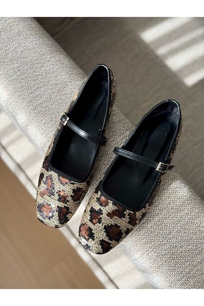 volarescarpe Women's Daily Shiny Sequin Leopard Patterned Brown Mary Jane Ballerina Wild