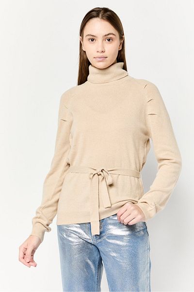 Harmont & Blaine Women Turtle Neck Knitted Belted Sweater, Beige