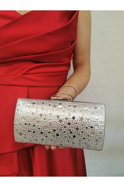 NAZART Rochie de seară de damă, argintiu, cu pietre, cu lanț, cu curea de mână, geantă de umăr de noapte de logodnă de nuntă