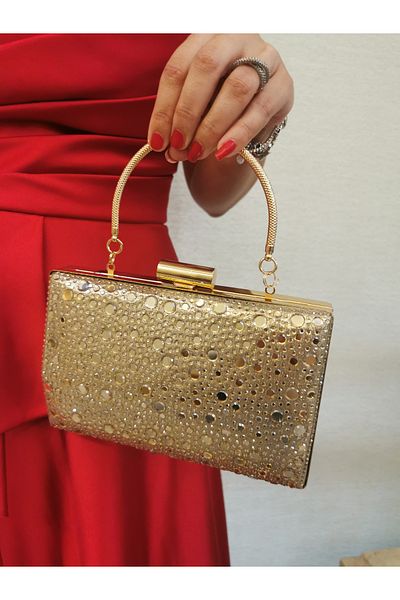 NAZART Women's Stone Gold Gold Evening Dress Clutch Chain Strap Hand Wedding Engagement Night Shoulder Bag