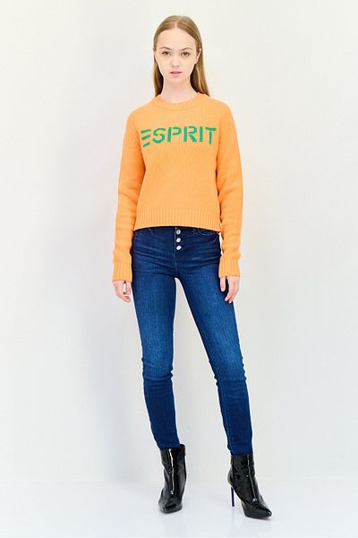 Esprit Women Ribbed Collar Brand Logo Sweater, Orange