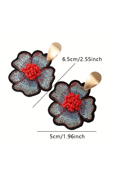 mos&more Kırmızı Boncuklu Çiçek Nakışlı Küpe