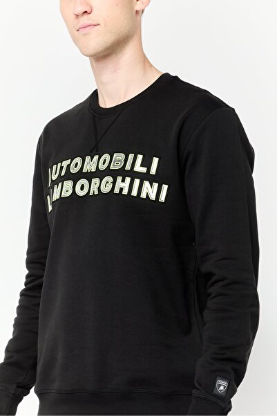 Lamborghini Men Crew Neck Brand Logo Long Sleeves Sweatshirt, Black